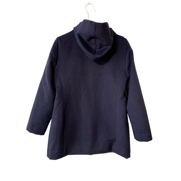 Chico's Hooded Faux Wool Coat Navy Blue With Teal Lining Mid Length Sz 1 (S) - Picture 2 of 16